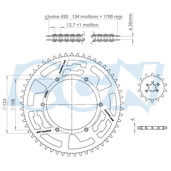 Grandinės komplektas DOPPLER ALU skirtas DERBI SENDA/DRD/EVO/GPR NUDE/RS4/SMT 420 14x53 auksinisV
