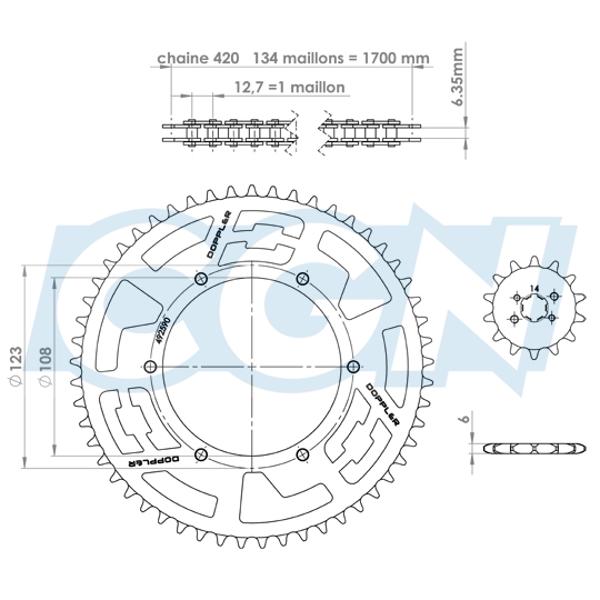 Grandinės komplektas DOPPLER ALU skirtas DERBI SENDA/DRD/EVO/GPR NUDE/RACING/RS4/SMT 14x53 JUODA