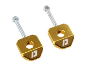 Grandinės įtempėjas MOTO aliuminis CNC DOPPLER, skirtas DERBI SENDA/SMT/RCR/RX/SX (ašiai 15 mm), auksinis (2 vnt.).