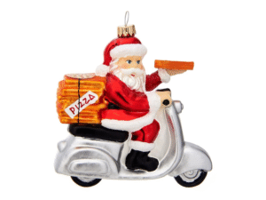 Kalėdinės eglutės papuošimas su Kalėdų Senelio ant motorolerio ir picos motyvu, raudona/sidabrinė