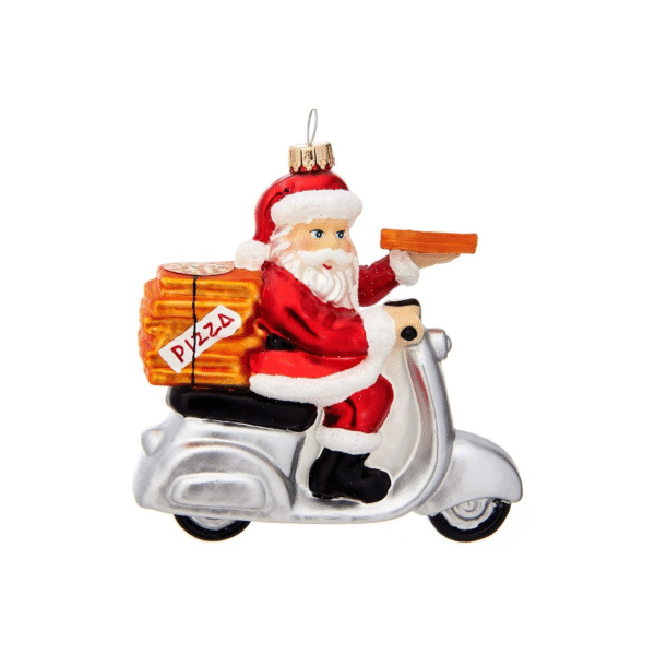 Kalėdinės eglutės papuošimas su Kalėdų Senelio ant motorolerio ir picos motyvu, raudona/sidabrinė