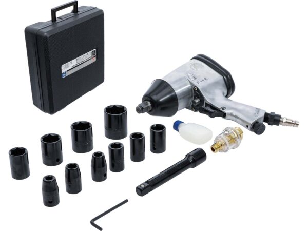 Pneumatinis smūginis veržliasukis su įrankių rinkiniu, 12,5 mm (1/2"), 312 Nm, 16 dalių Pneumatinis smūginis veržliasukis su įrankių rinkiniu, 12,5 mm (1/2"), 312 Nm, 16 dalių